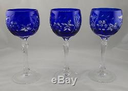 Set of 6 Vintage Cobalt Blue Cut to Clear Crystal Glass Wine Stems, Bavarian