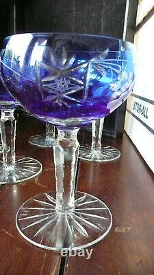 Set of 6 Vtg Crystal Cut Blue Stemware Wine Champagne Etched Glasses Poland