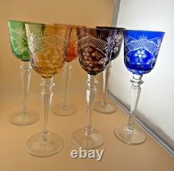 Set of 6 Wine Glasses Bohemian Czech Colored Cut Crystal Goblets 9.75