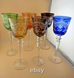 Set of 6 Wine Glasses Bohemian Czech Colored Cut Crystal Goblets 9.75