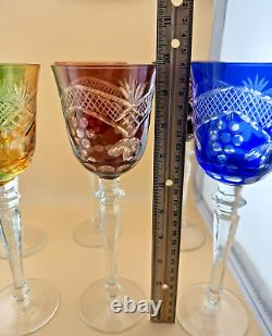 Set of 6 Wine Glasses Bohemian Czech Colored Cut Crystal Goblets 9.75