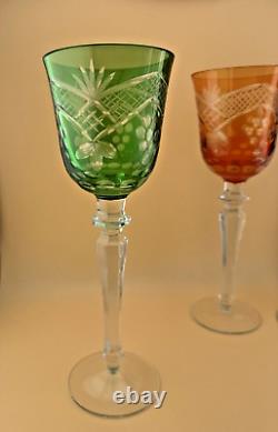 Set of 6 Wine Glasses Bohemian Czech Colored Cut Crystal Goblets 9.75