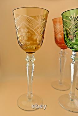 Set of 6 Wine Glasses Bohemian Czech Colored Cut Crystal Goblets 9.75