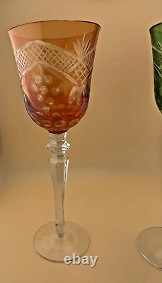 Set of 6 Wine Glasses Bohemian Czech Colored Cut Crystal Goblets 9.75