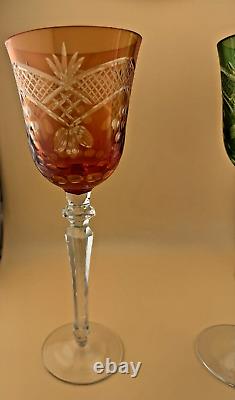 Set of 6 Wine Glasses Bohemian Czech Colored Cut Crystal Goblets 9.75