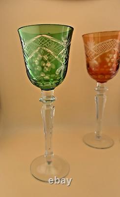 Set of 6 Wine Glasses Bohemian Czech Colored Cut Crystal Goblets 9.75