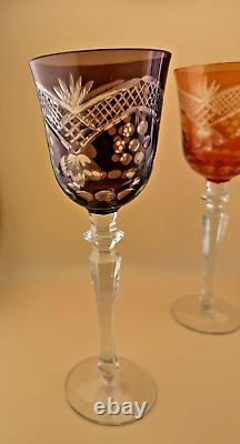 Set of 6 Wine Glasses Bohemian Czech Colored Cut Crystal Goblets 9.75