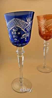 Set of 6 Wine Glasses Bohemian Czech Colored Cut Crystal Goblets 9.75