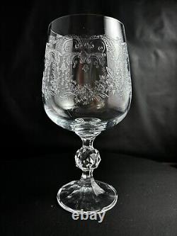 Set of 7 Bohemian Crystal Cascade Wine Goblet Etched Clear Diamond Cut Ball Stem