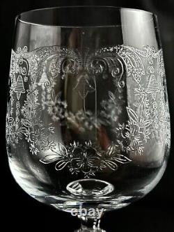 Set of 7 Bohemian Crystal Cascade Wine Goblet Etched Clear Diamond Cut Ball Stem