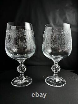 Set of 7 Bohemian Crystal Cascade Wine Goblet Etched Clear Diamond Cut Ball Stem