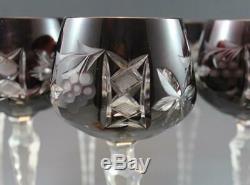 Set of 7 Bohemian Cut Crystal Hock Wine Goblet Glasses Ruby & Amethyst C1910