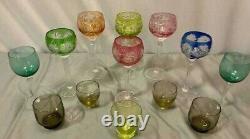 Set of 7 Vintage Bohemian Multicolor Cut To Clear Crystal Wine Goblets Glasses