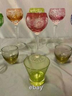 Set of 7 Vintage Bohemian Multicolor Cut To Clear Crystal Wine Goblets Glasses