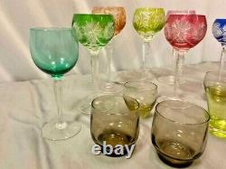 Set of 7 Vintage Bohemian Multicolor Cut To Clear Crystal Wine Goblets Glasses