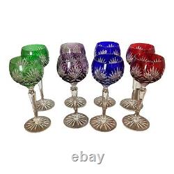 Set of 8 Bohemian Hungary Colored Cut-to-Clear Crystal Wine Goblets Hocks Stems