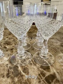 Set of 8 Clear Stemmed Etched Wine Glasses Diamond Pattern Round Glass
