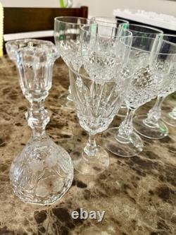 Set of 8 Clear Stemmed Etched Wine Glasses Diamond Pattern Round Glass