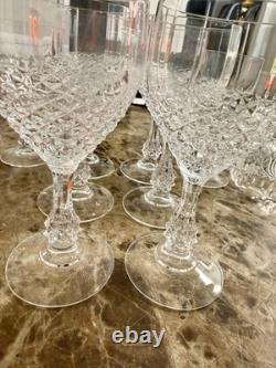 Set of 8 Clear Stemmed Etched Wine Glasses Diamond Pattern Round Glass