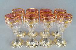 Set of 8 Moser Pale Cranberry Gold & Platinum Floral Quatrefoil Wine Glasses