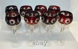 Set of 8 Tall Hock Wine Crystal Goblets Glasses Ruby cut to Clear