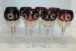 Set of 8 Tall Hock Wine Crystal Goblets Glasses Ruby cut to Clear