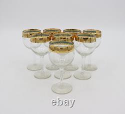 Set of 8 Vintage Wine Glasses Antique Gold Rimmed Barware Crystal Glass Stem