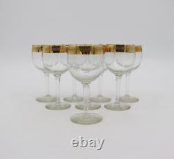 Set of 8 Vintage Wine Glasses Antique Gold Rimmed Barware Crystal Glass Stem