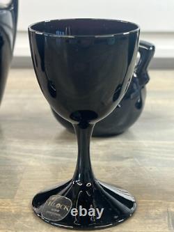 Set of Black BLOCK Crystal Capers Wine Glasses, Pitcher Midnight MCM