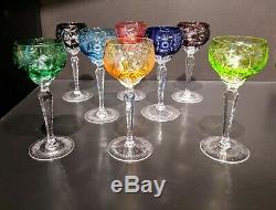 Set of Eight Multi-color, Cut to Clear Nachtmann Traube Crystal Wine Glasses