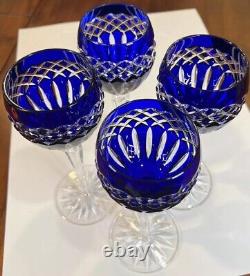 Set of Four Ajka Hungary Cobalt Blue Cadessia Crystal Wine Hock Glasses. MINT