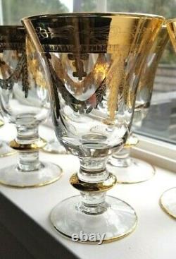 Set of SIX Interglass Italy Luxury Crystal Wine Goblets 24K Gold LOVELY