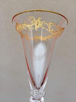 Set of Six Antique St. Louis Crystal Trumpet Wines Gold Etch Lapidary Stem NICE