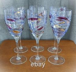 Set of Six Romanian Luminescence Mouth Blown Abstract Crystal Wine Glasses 10.5