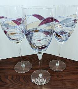 Set of Six Romanian Luminescence Mouth Blown Abstract Crystal Wine Glasses 10.5