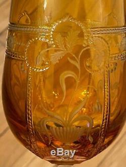 Signed VARGA CRYSTAL Amber Yellow Etched IMPERIAL 10 oz. Water/Wine Glass Goblet