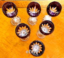 Six (6) Hand-Cut AJKA Wine Glasses, Castille, 8 Tall, in Amethyst/Purple