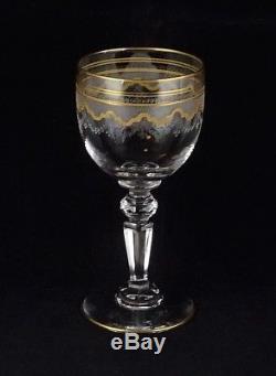 Six St. Louis Crystal Beethoven Wine Glasses #851 Etched Frosted Band Gold Tr