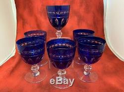 Six Val St Lambert Cut To Clear Cobalt Crystal Water Goblets 5 1/2 Inch York