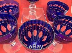 Six Val St Lambert Cut To Clear Cobalt Crystal Water Goblets 5 1/2 Inch York