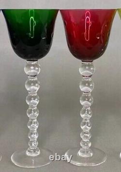 St Louis Crystal BUBBLES Tall Hock Wine Glasses- RED & GREEN