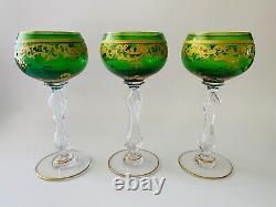 St Louis France Green Etched Gilt Crystal Wine Glasses x 3