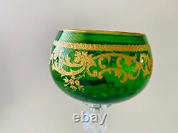 St Louis France Green Etched Gilt Crystal Wine Glasses x 3