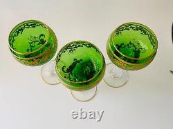 St Louis France Green Etched Gilt Crystal Wine Glasses x 3