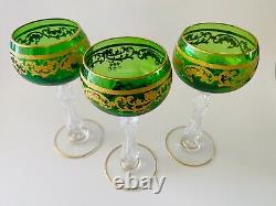 St Louis France Green Etched Gilt Crystal Wine Glasses x 3