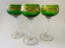 St Louis France Green Etched Gilt Crystal Wine Glasses x 3