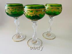 St Louis France Green Etched Gilt Crystal Wine Glasses x 3