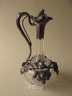 Sterling Silver Overlay CLARET WINE cut crystal Glass DECANTER BOTTLE 13 grapes