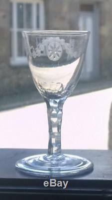 Superb 18th C James Giles Bucrania & Paterae Etched Wine Glass with Folded Foot