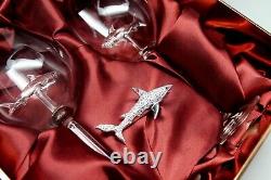 Swarovski Shark Ornament with Two Shark Wine Glasses! Rhodium Montana